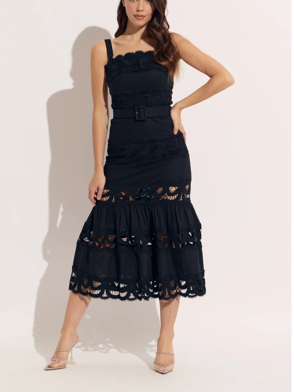 OO LA LABlack Crochet-Trim Belted Midi Dress